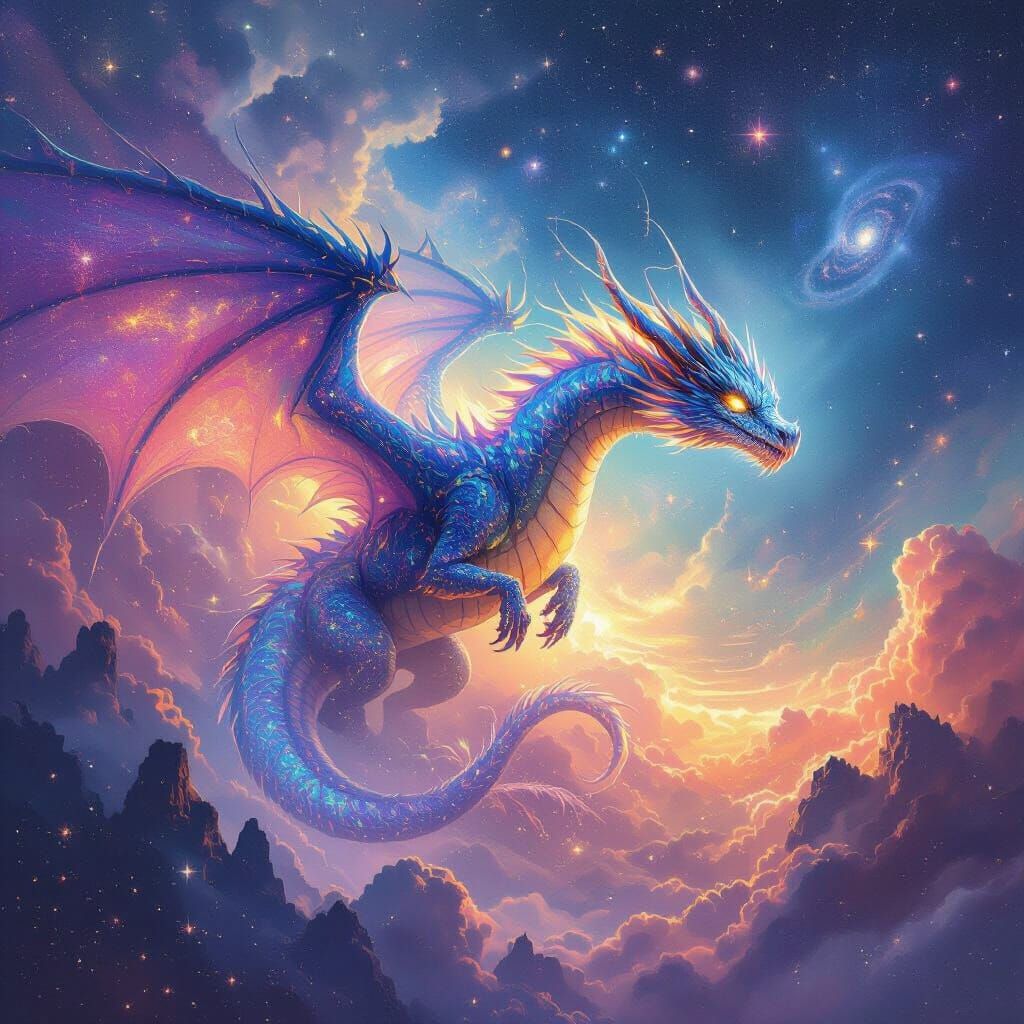 Bioluminescent Dragon Soaring Through Cosmic Watercolor Nebu...