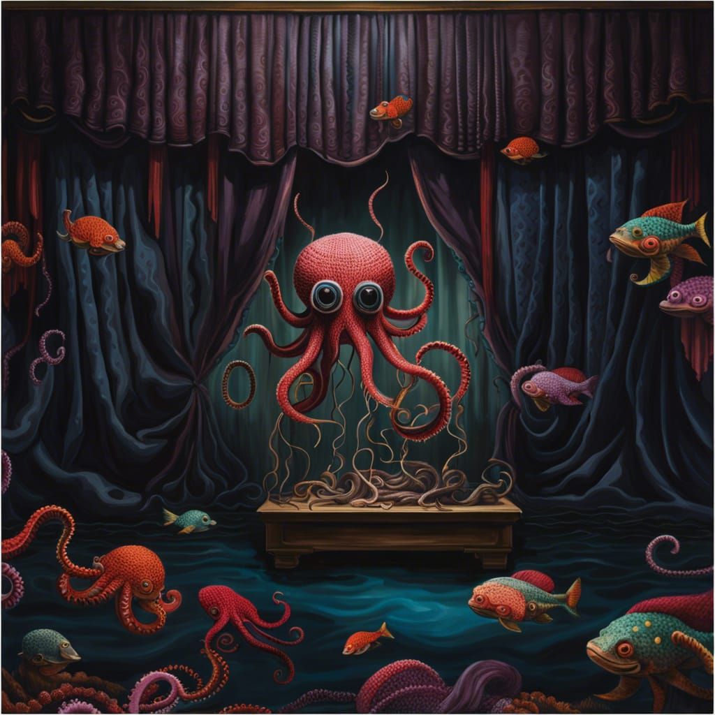 Yarn Octopus Puppet Show: Hyperrealistic Digital Art