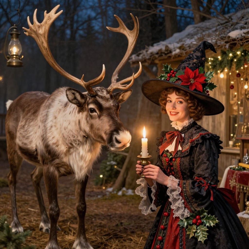 Victorian Christmas Scene with Yule Witch and Reindeer