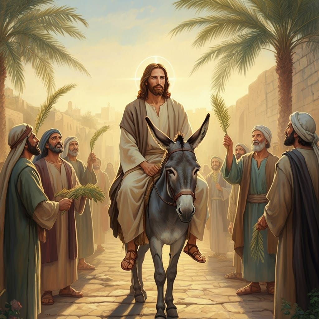 Serene Jesus on a Grey Donkey in a Heavenly Scene