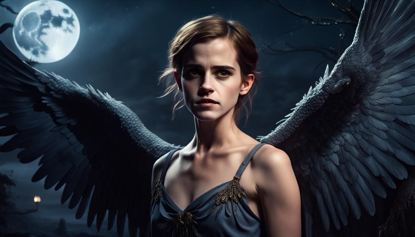 Emma Watson as a harpy woman, looking at viewer, night, fullmoon, portrait