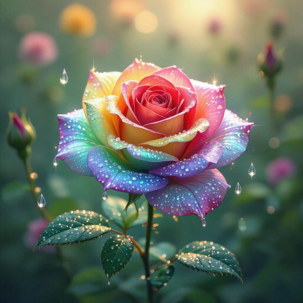 Rainbow Crystal Rose in Mystical Digital Garden