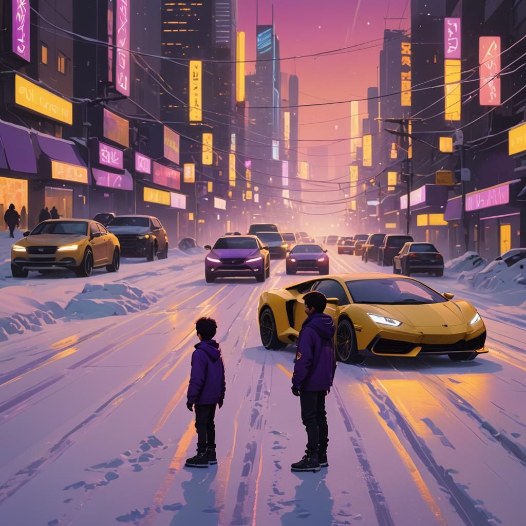 Futuristic Boy on Snowy Road in Cyberpunk Style