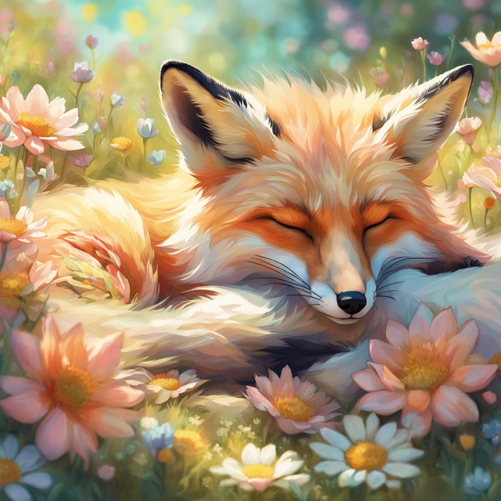 Fox Family in Summer Flowers: Whimsical Digital Art