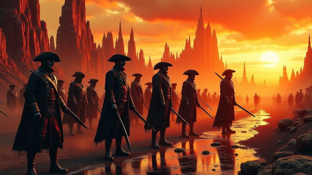 An army of Continental Army Minutemen zombies staring at a Western sunset.