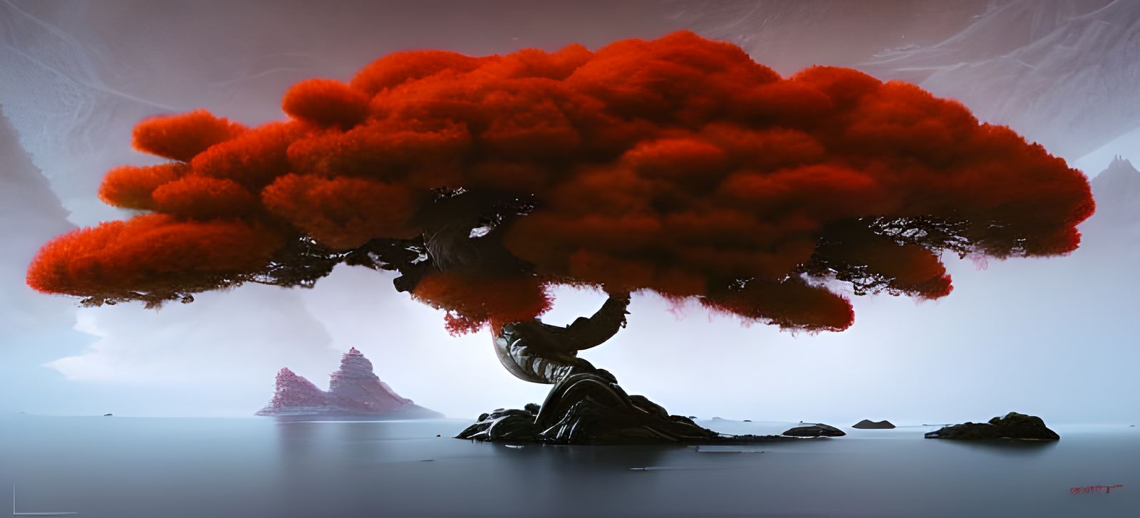 Red Bonsai Tree on Snow Cliff: Fantasy Art