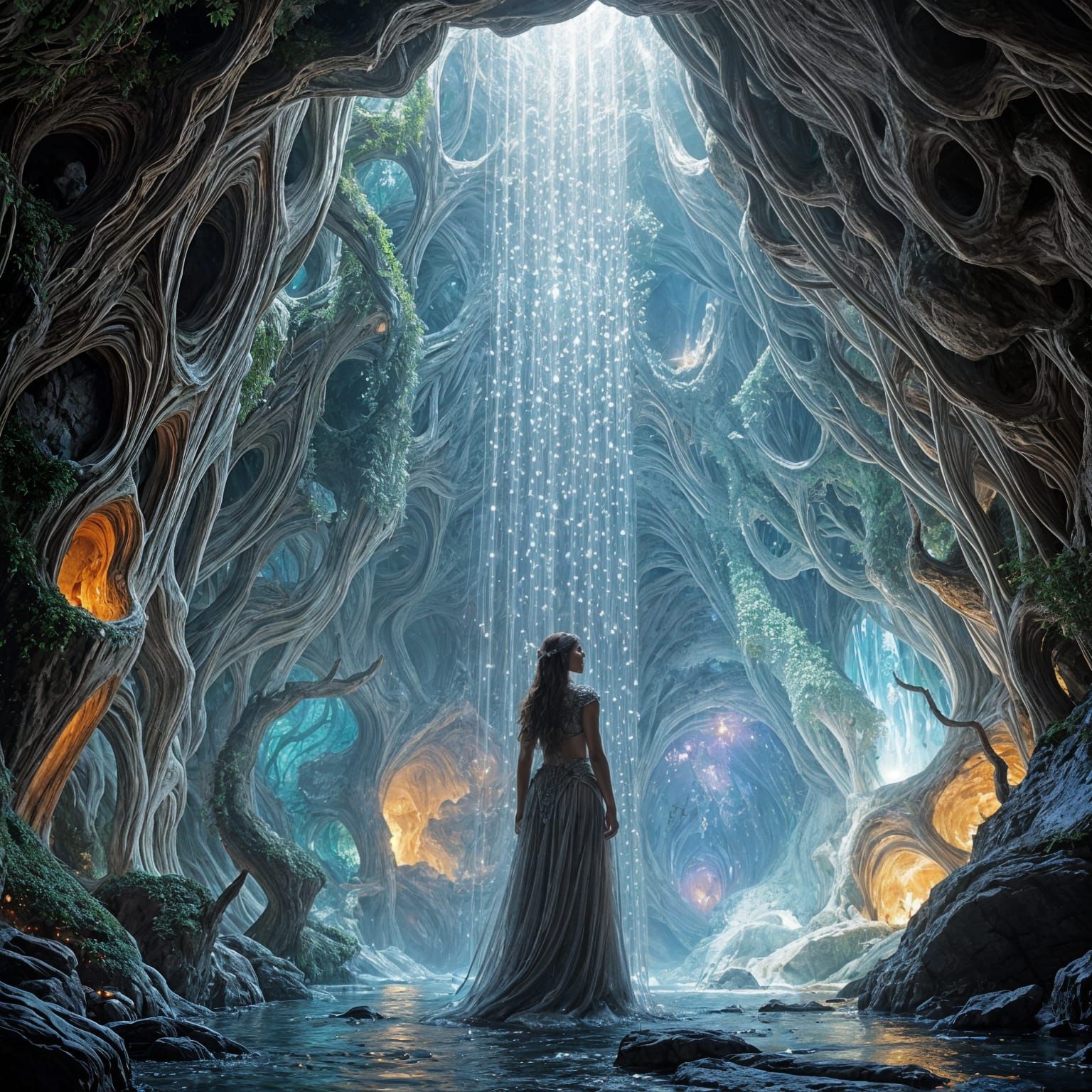 Glowing Motes Cascade in Elven Cavern