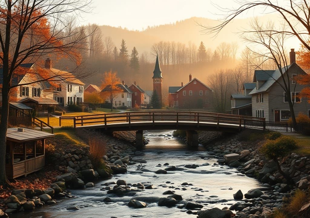 Picturesque New England Village in Autumn Light