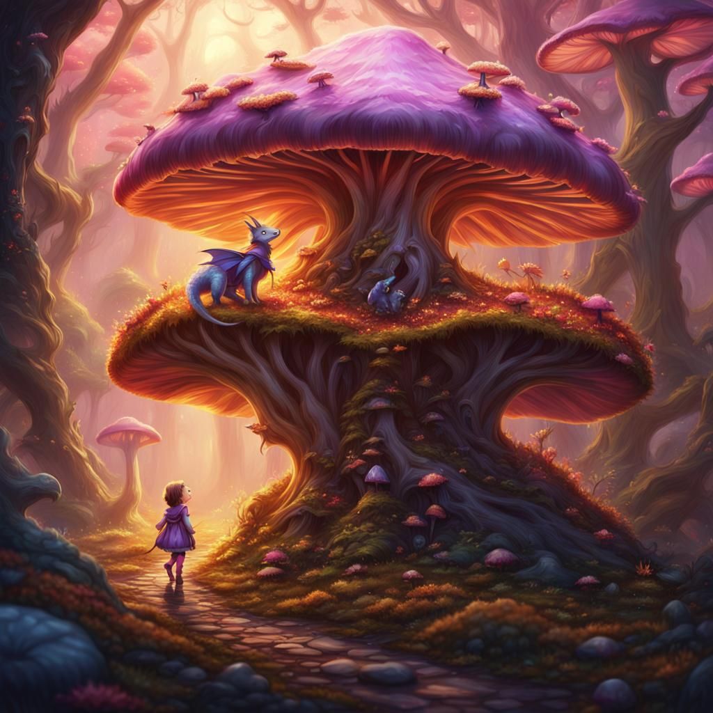 Fairy and Dragon in Enchanted Mushroom Forest