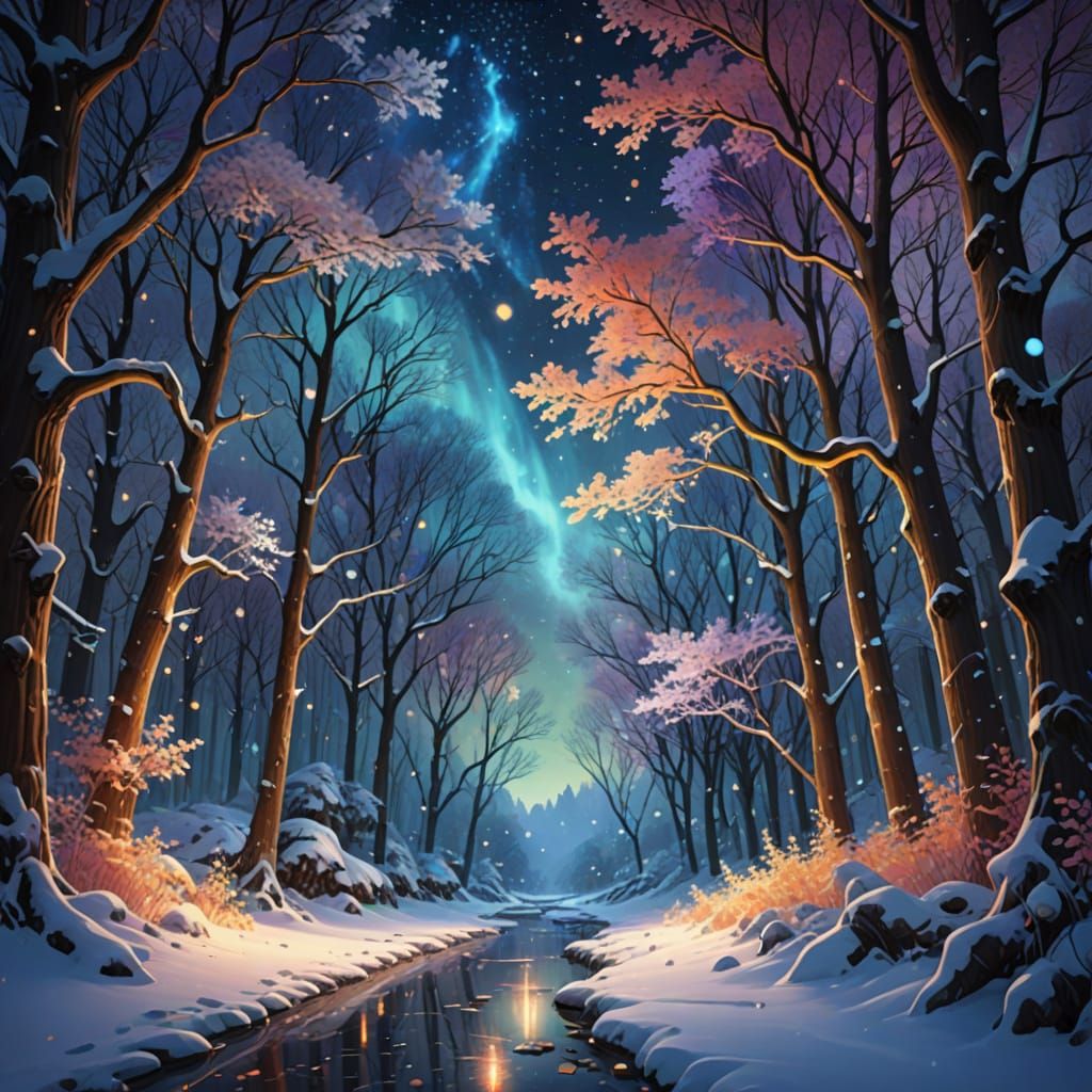 Enchanting Winter Forest at Night with Falling Snow