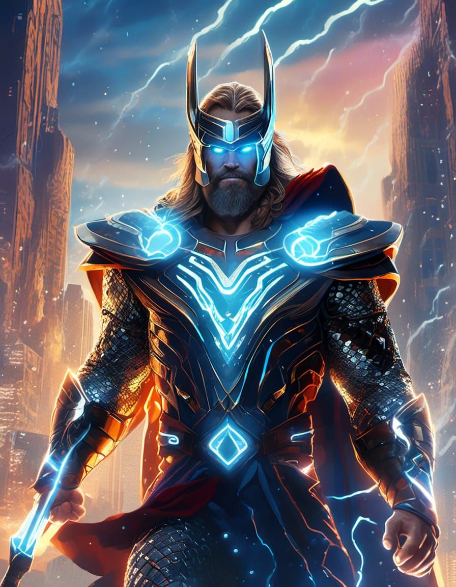 Thor in Futuristic Armor with Iridescent Crystal