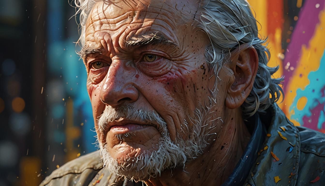 Hyperrealistic Old Man Portrait with Colorful Accents
