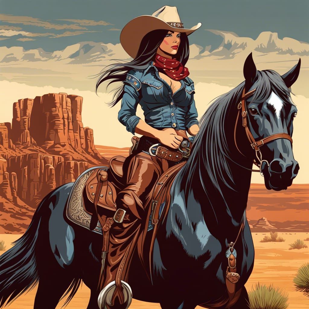 Cowgirl on Horse in Heavy Metal Style