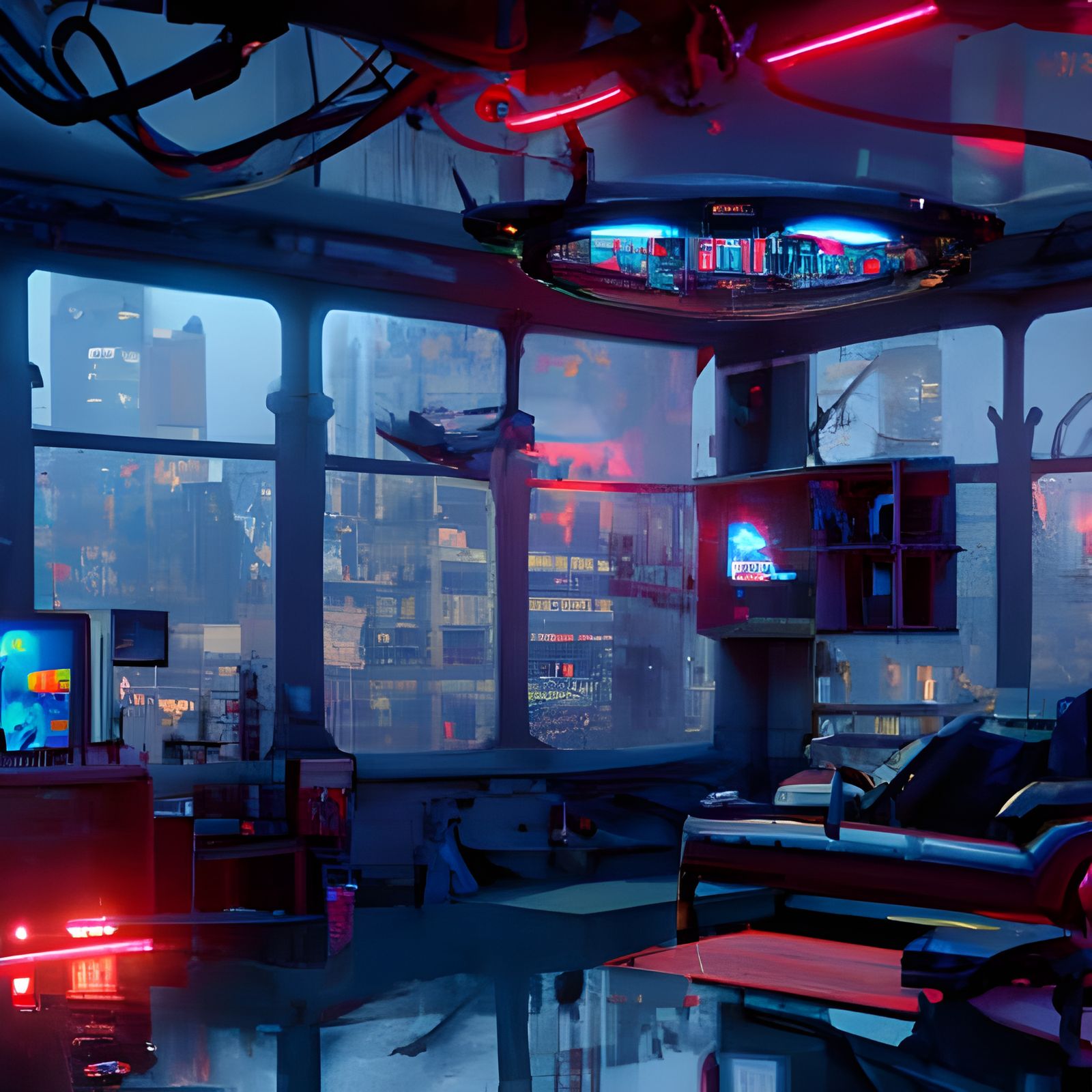 Cyberpunk Living Room with City View