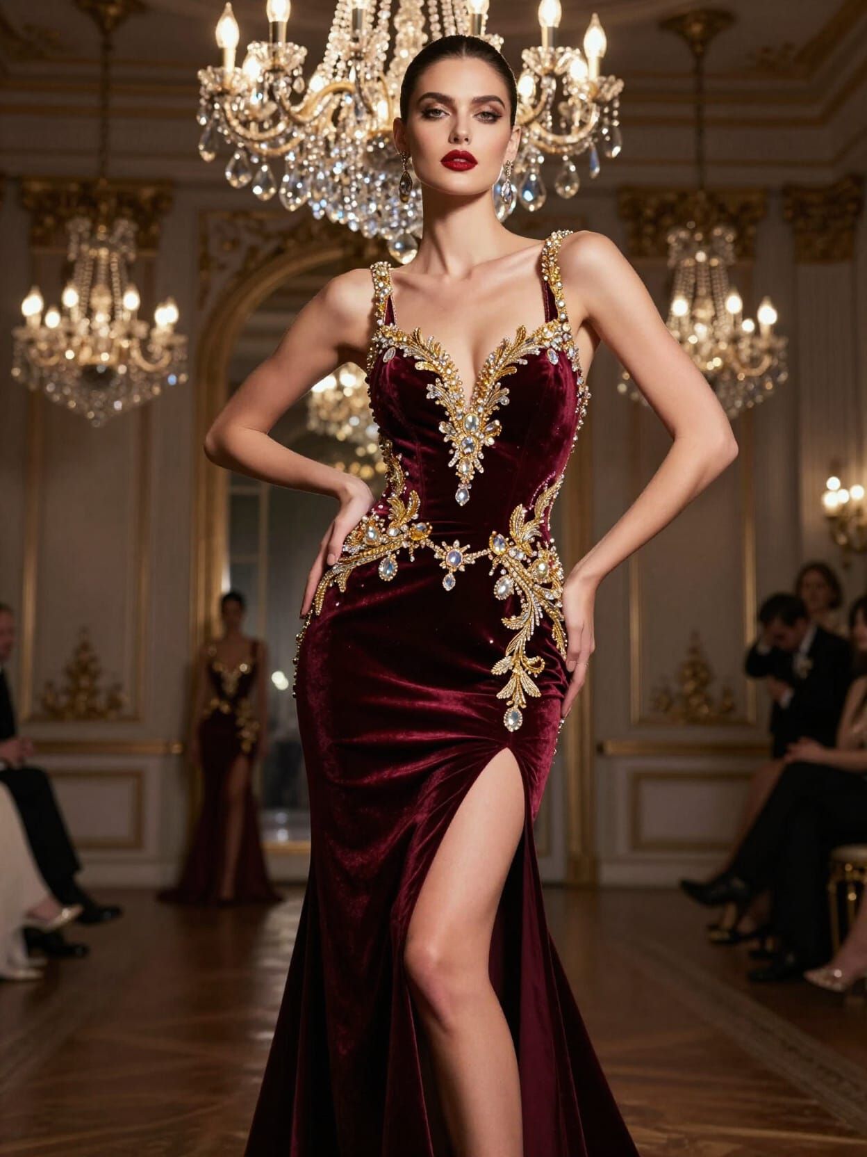 Burgundy Velvet Gown with Crystal Embroidery