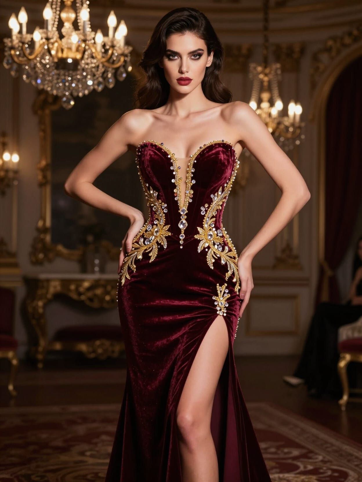 Burgundy Velvet Gown with Crystal Embroidery in Luxury Ballr...