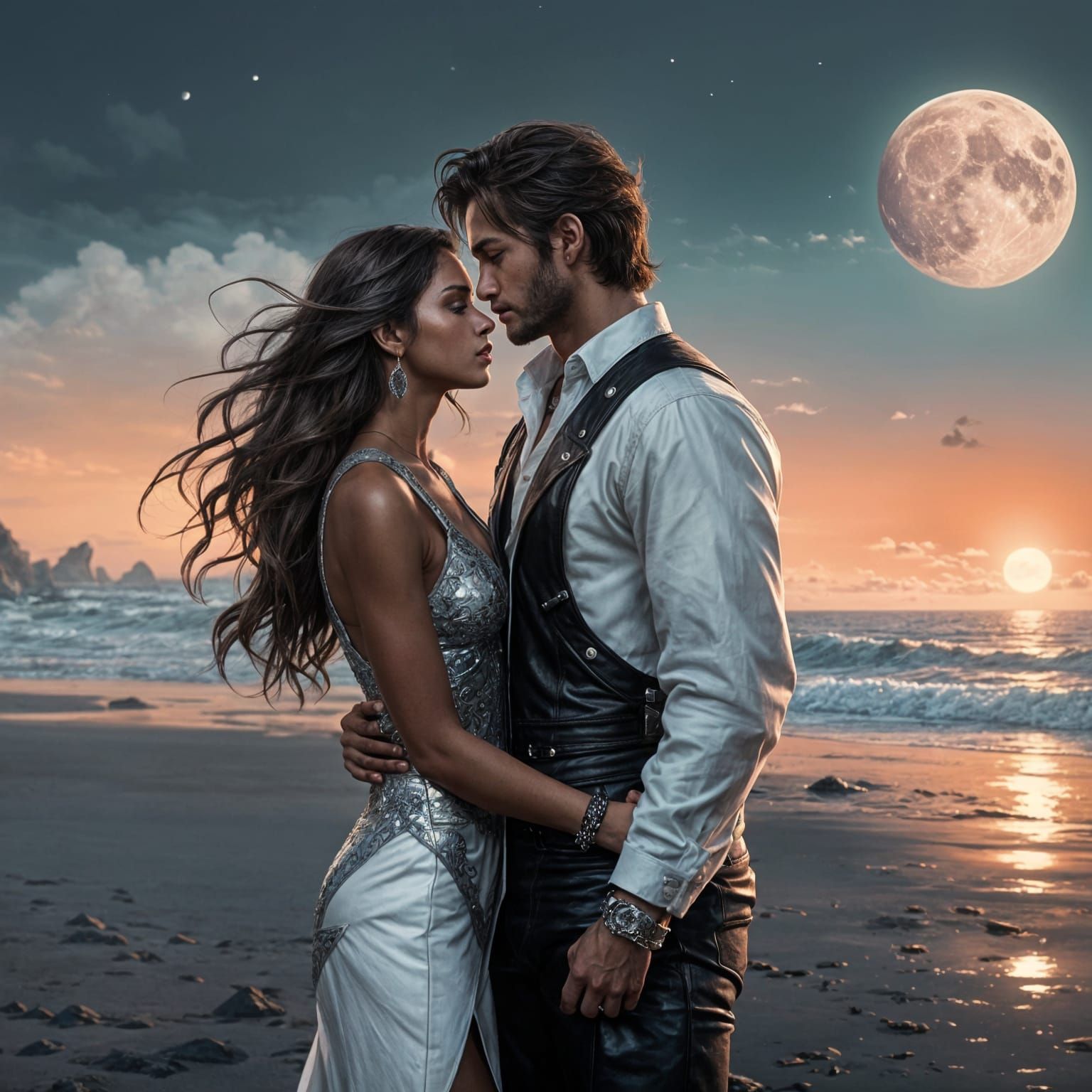 Ethereal Moonlit Couple on the Beach