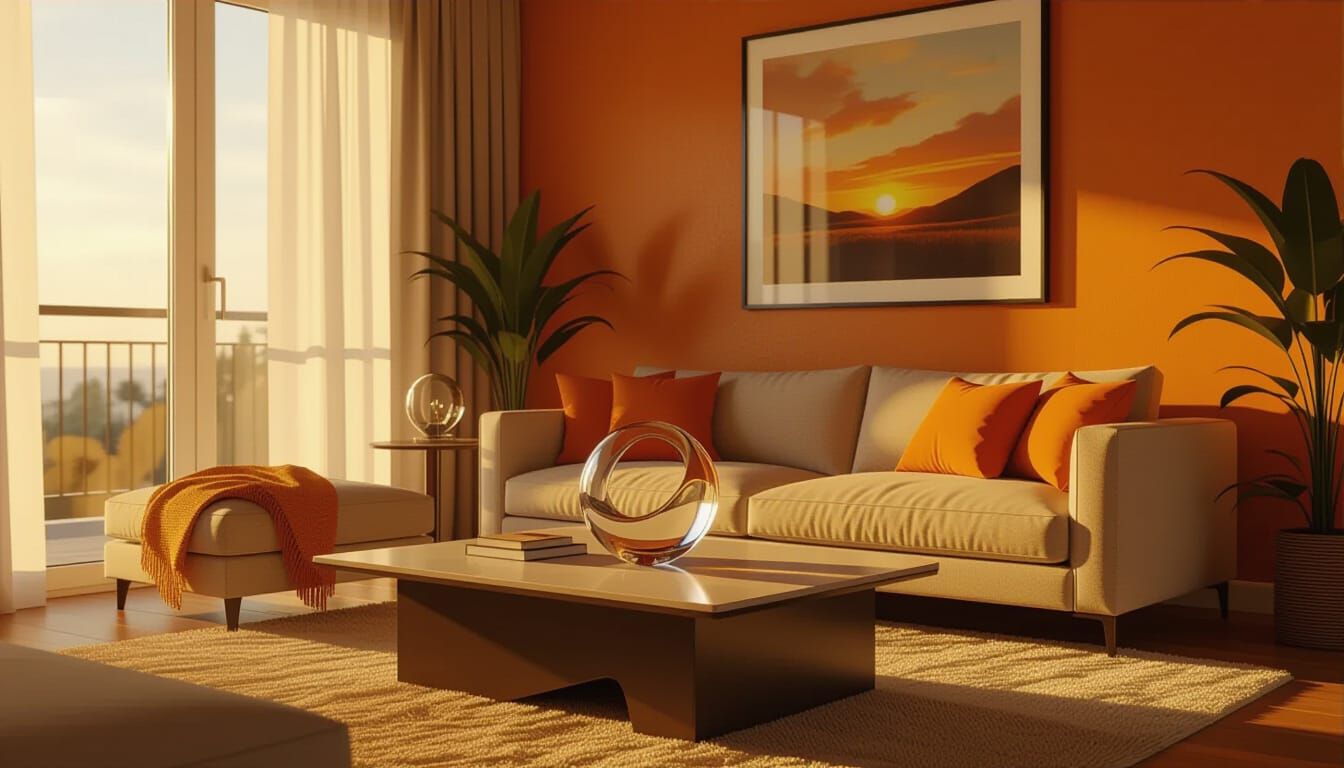 Warmly Lit Living Room with Glass Sculpture