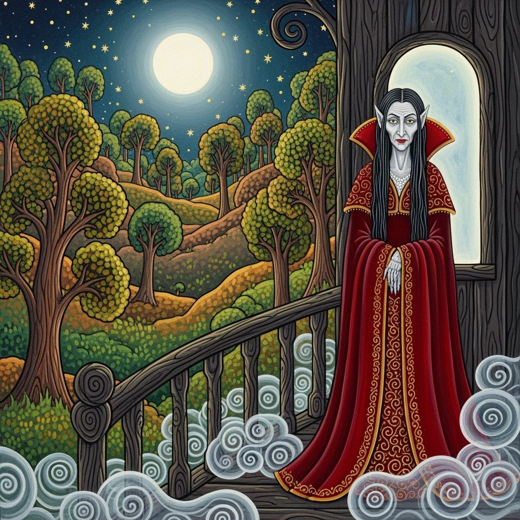 Vampire on Moonlit Balcony Overlooking Enchanted Forest, Fol...