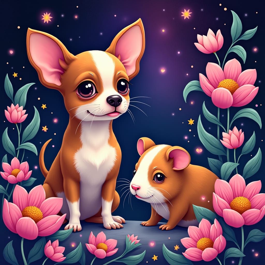 Chihuahua and Guinea Pig in Cosmic Violet Garden