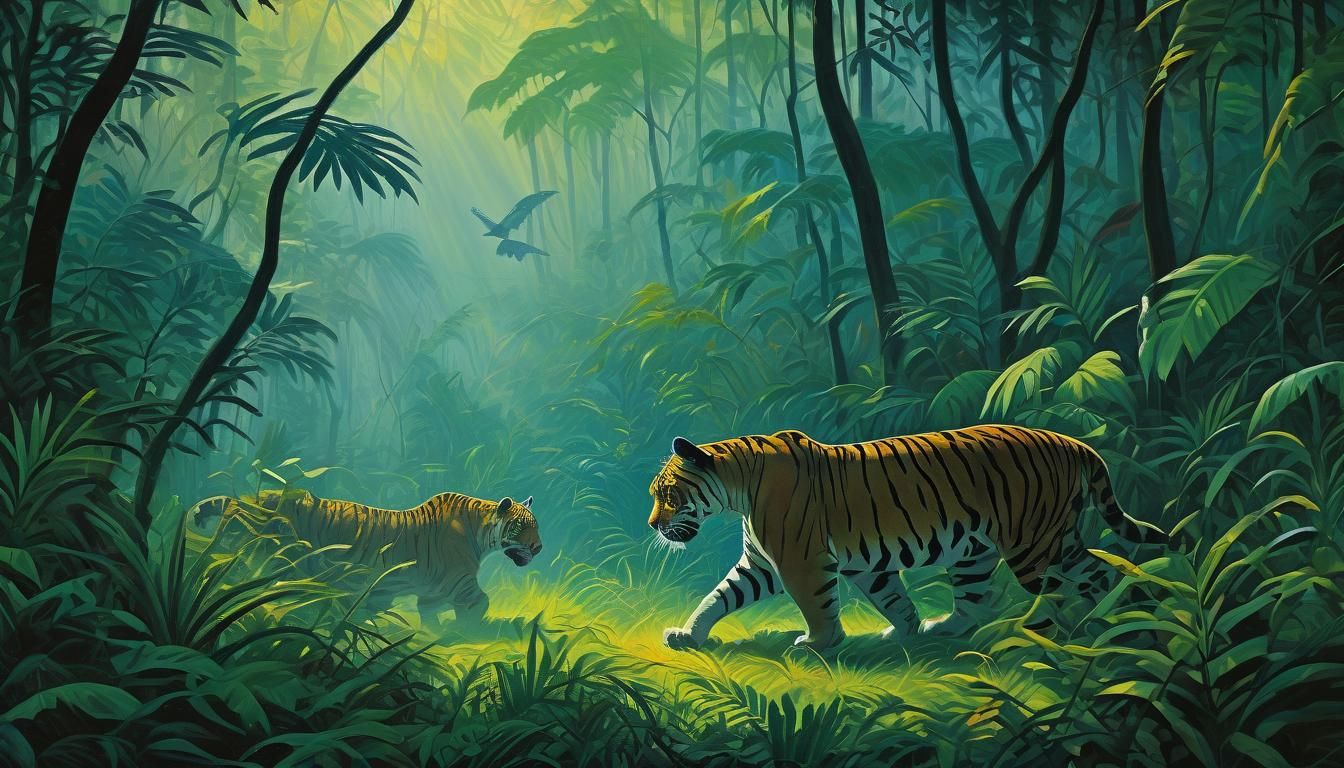 Fauvist Big Cats Hunt in Jungle Sunlight