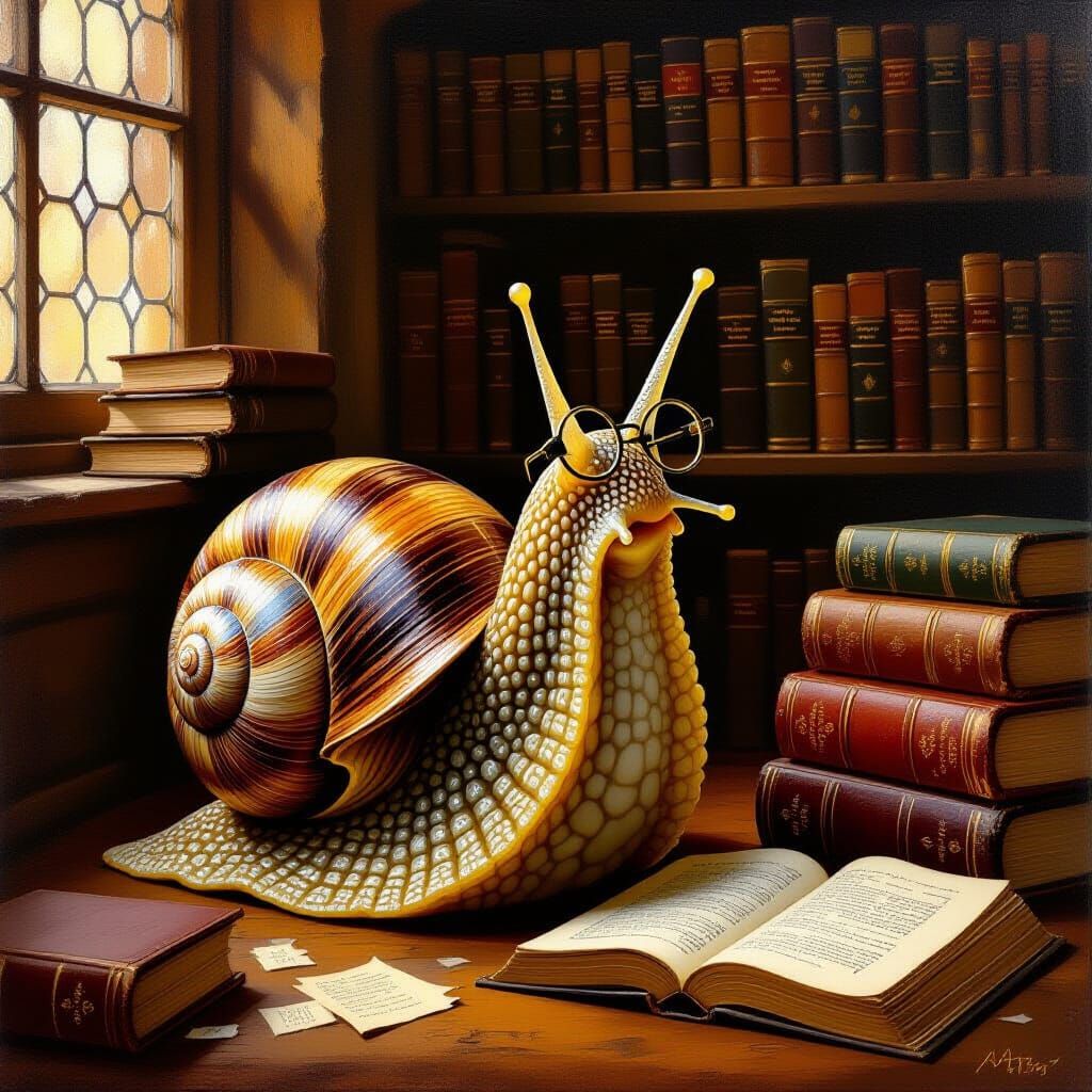 Wise Snail Contemplating Mysteries in a Library