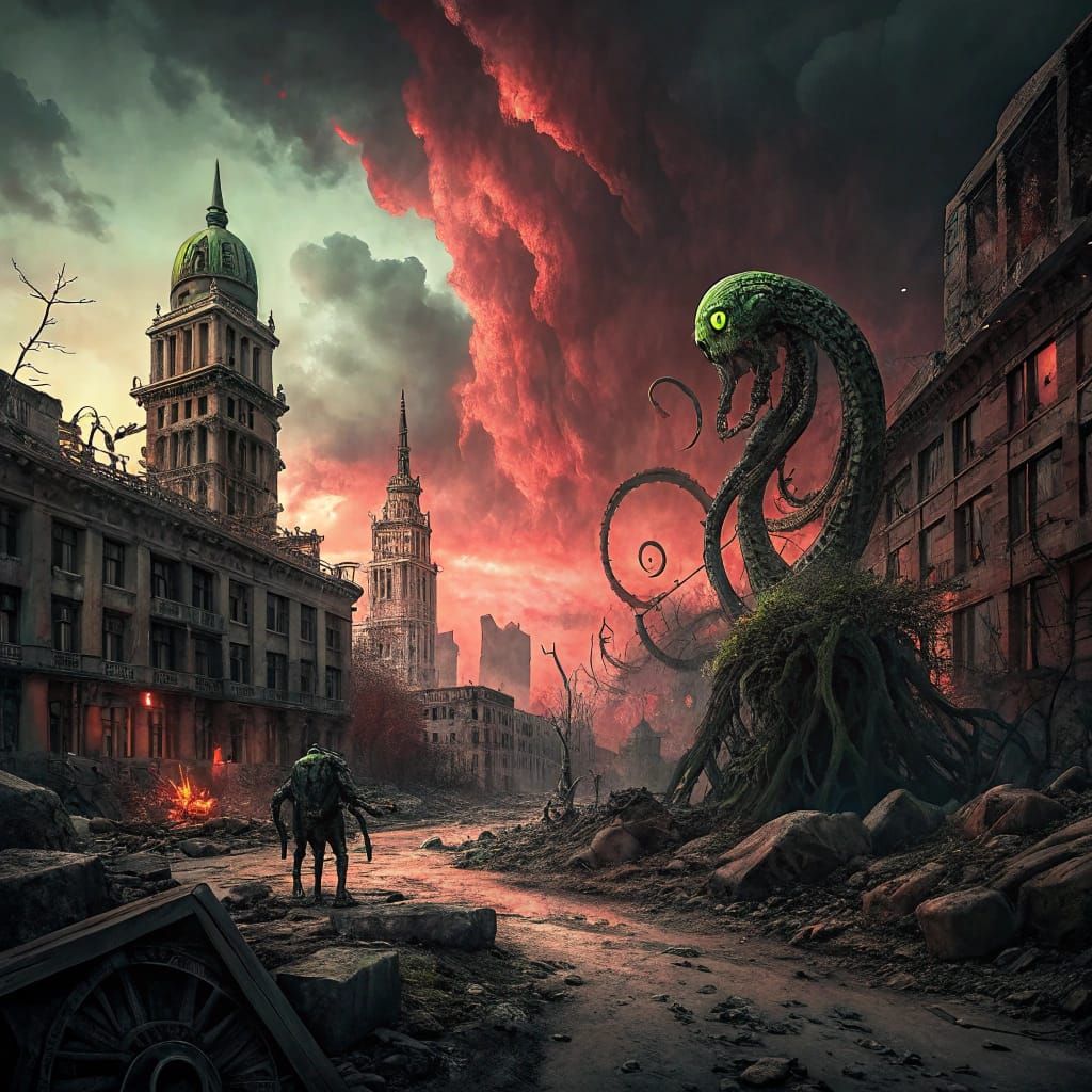 Eldritch Creatures Haunt Ruined Cityscape in Apocalyptic Dar...