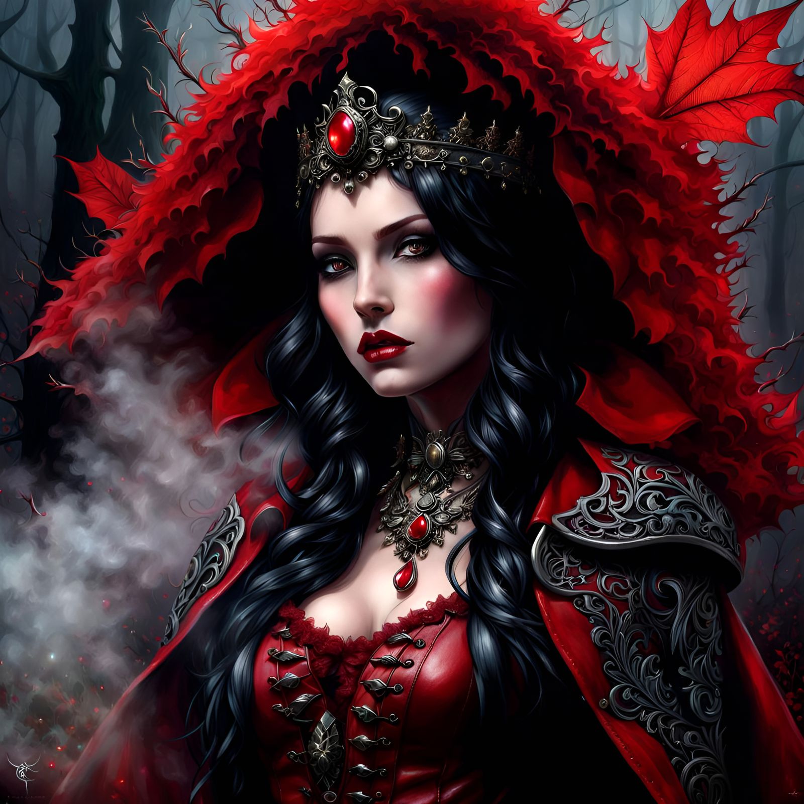 Gothic Enchantress in Red Coat with Thorns