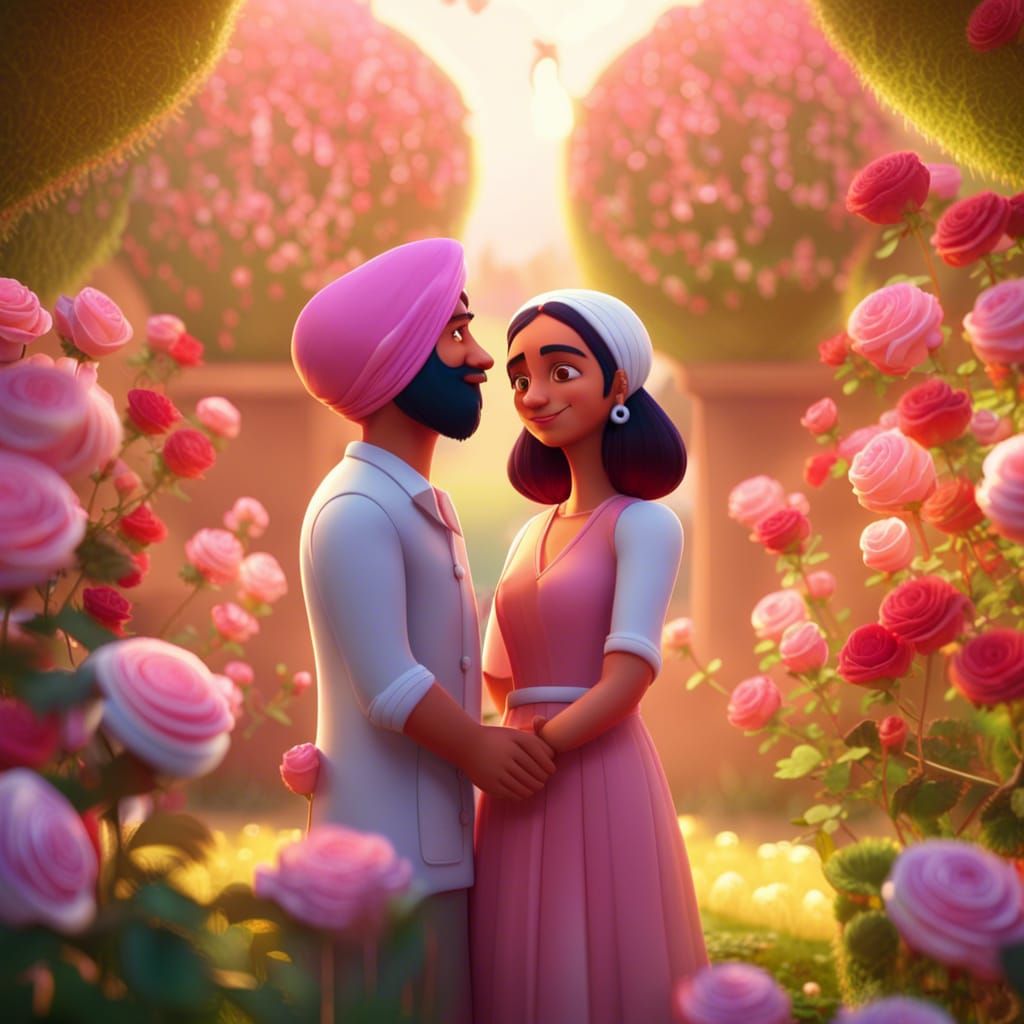 Sikh Couple in Rose Garden: Pixar Style 3D Art