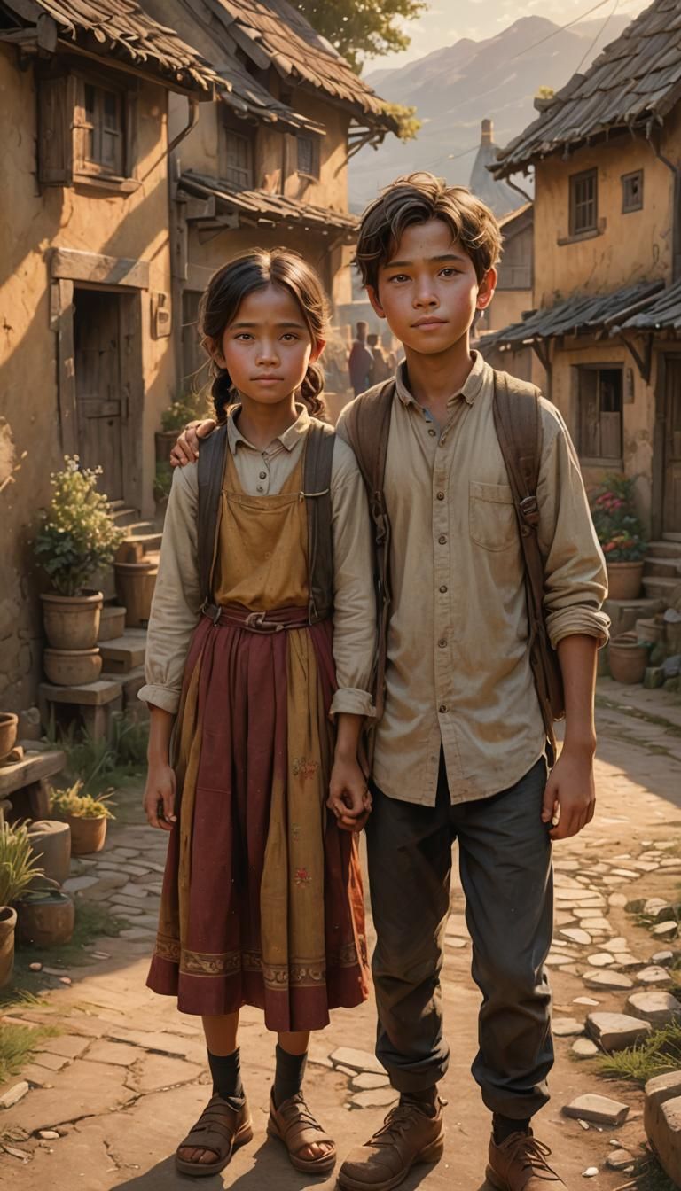 Twin Siblings in Village: Hyperrealistic Concept Art