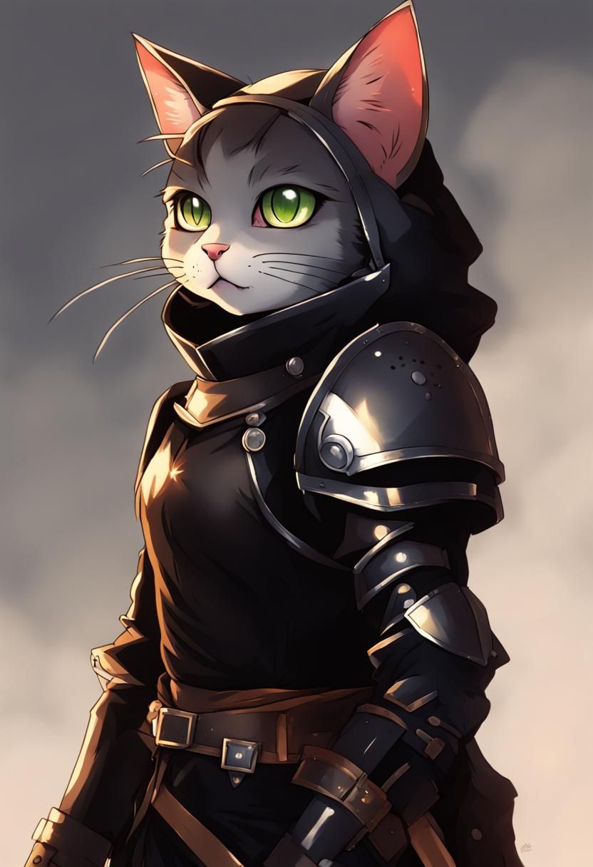 Armored Anthropomorphic Cat in Anime Style