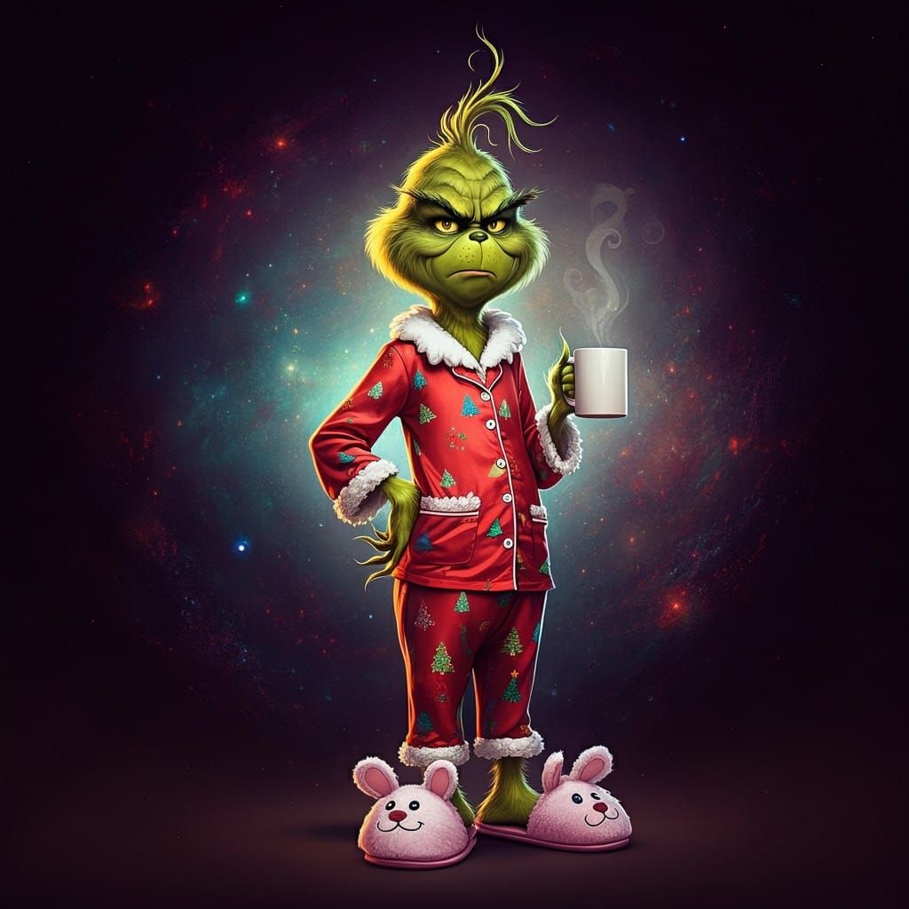 Grinch's Cosmic Coffee: A Psychedelic Morning Illustration