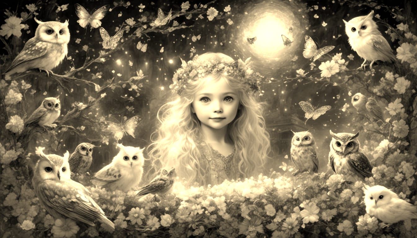 Ethereal Fairy with Owl and Stars in Fantasy Mist