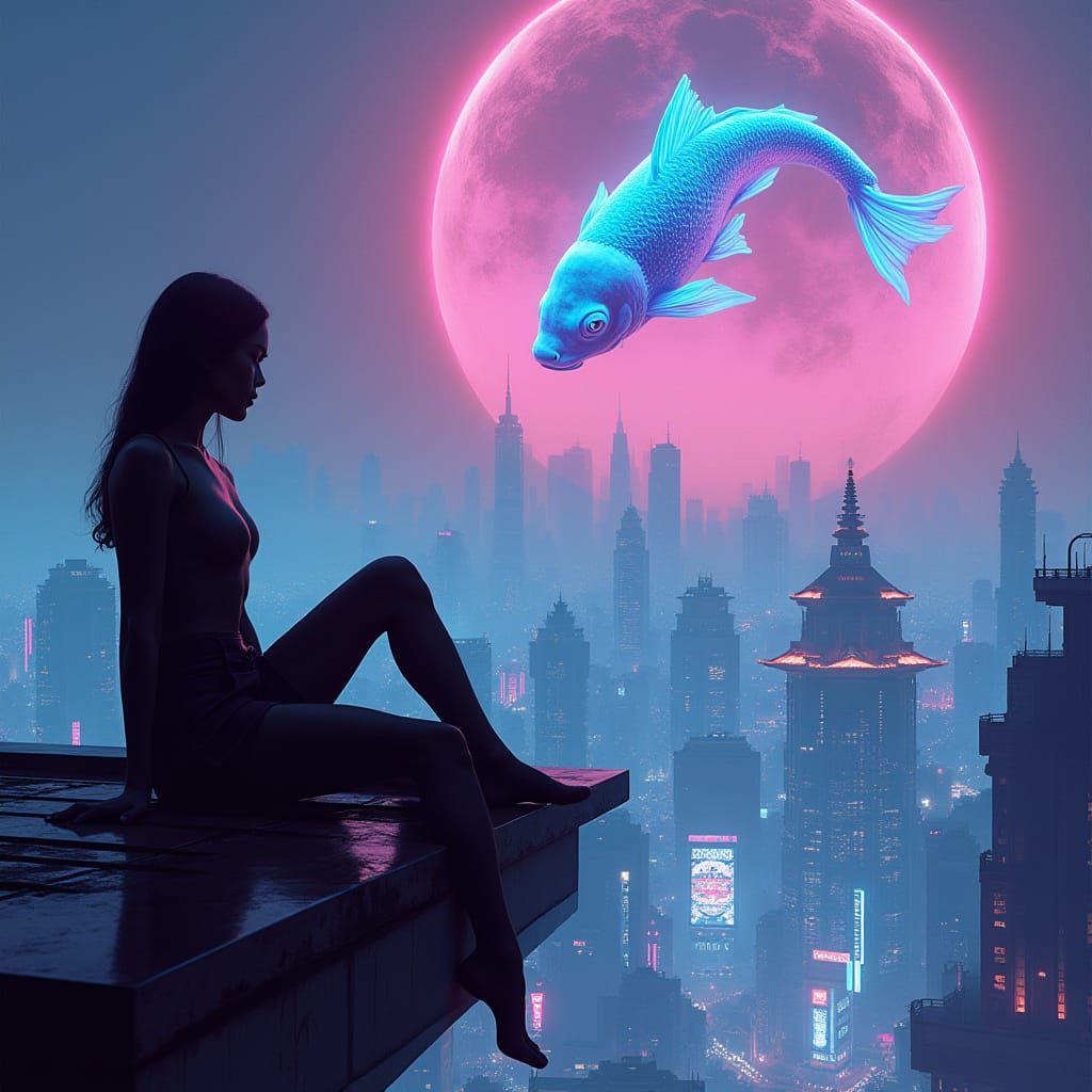 Futuristic Rooftop Silhouette in Vaporwave Cityscape