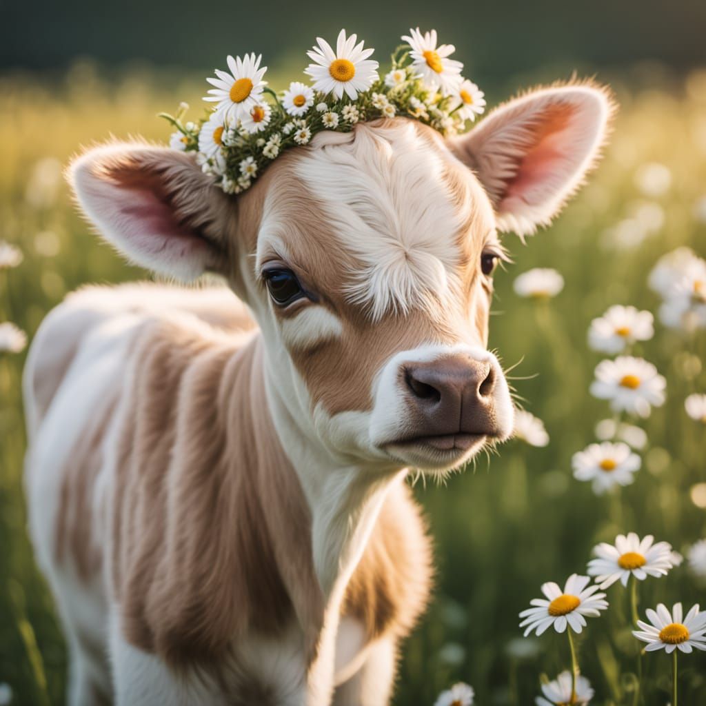 Adorable Calf with Flower Crown Sticking Tongue Out
