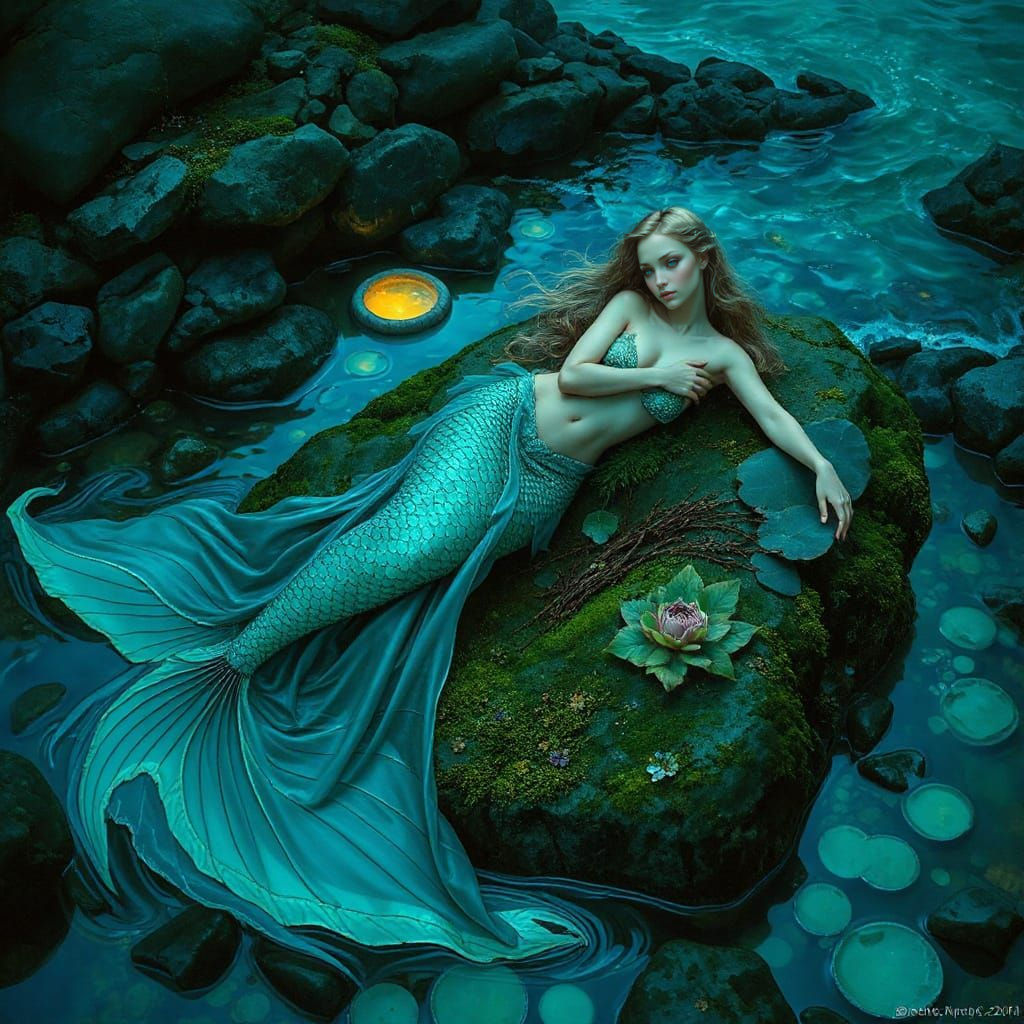 Siren resting on a moss-covered rock