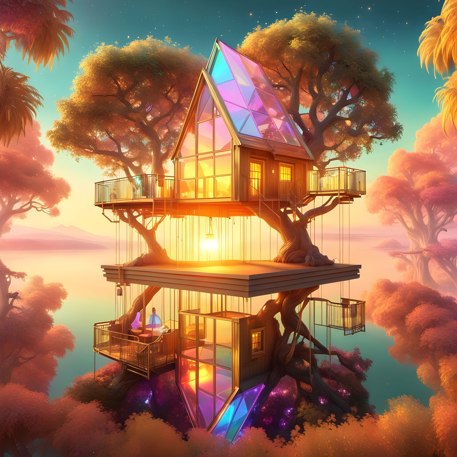 Chromatic Crystal Treehouse in Liminal Dreamscape