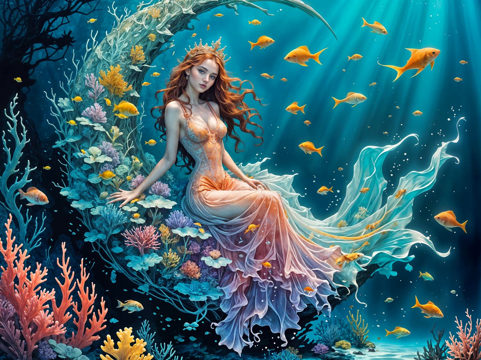 Surreal Aquatilis Goddess Surrounded by Bioluminescent Sea L...