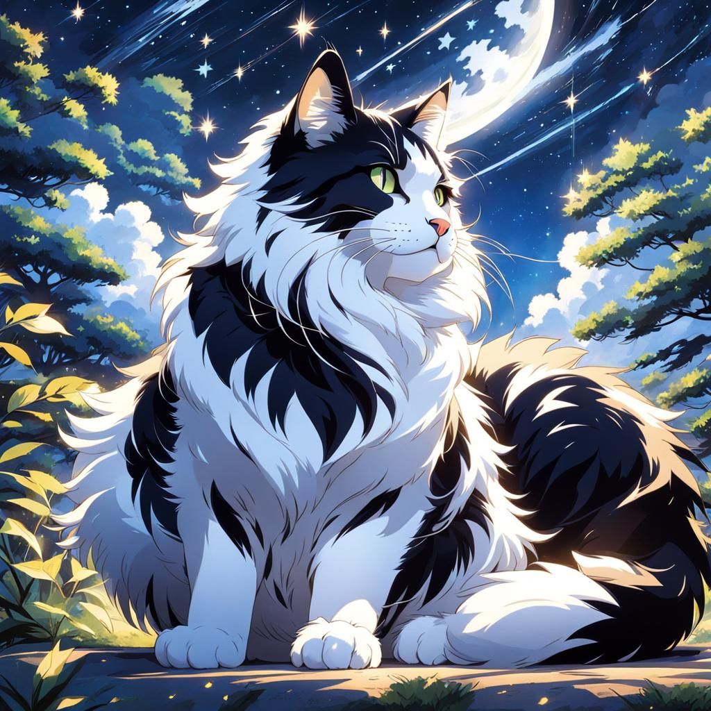 Majestic Fluffy Cat Under Starry Sky, Anime Style