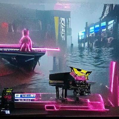 Pink Cyborg Pikachu Plays Piano in Cyberpunk Ocean