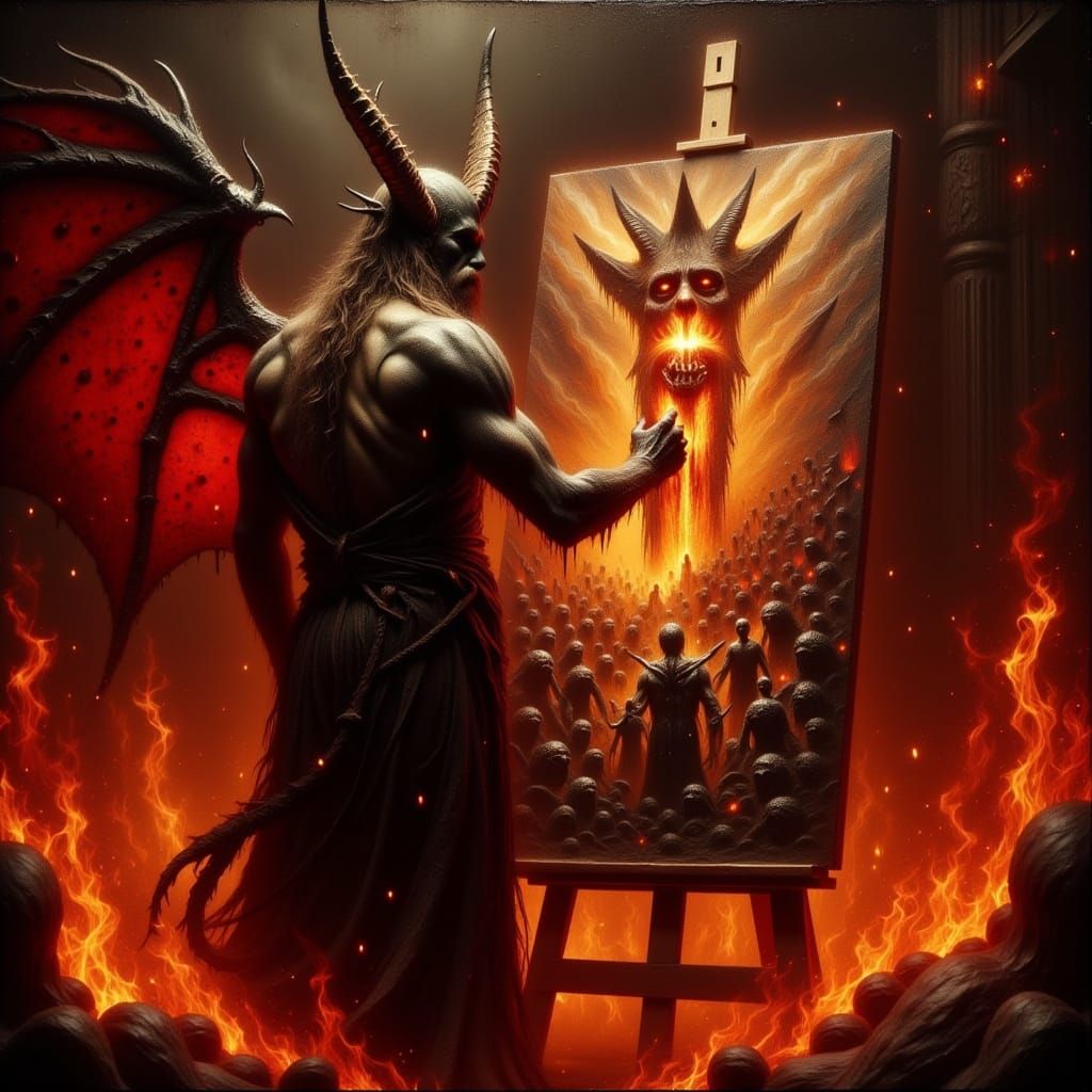 Satan Painting Torments in Hellish Oil Style