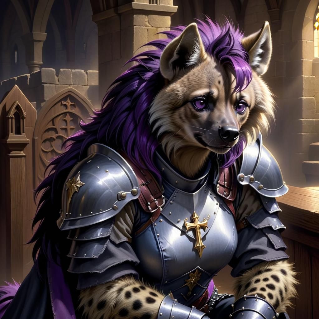 Holy Hyena Knight Praying in Church, Cel-Shaded