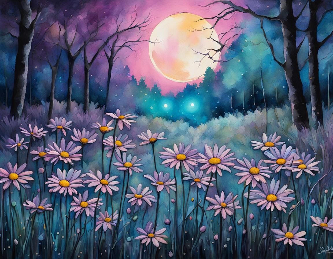 moonlight daisies with soft pastel hues, baby pink pastels, intricate art piece, 3D, HDR, magical aura, colors intensify...