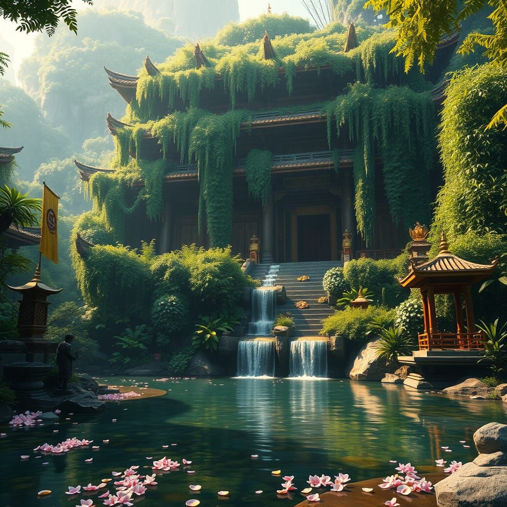 Ethereal Asian Temple Retreat in Vibrant Greenery and Gold