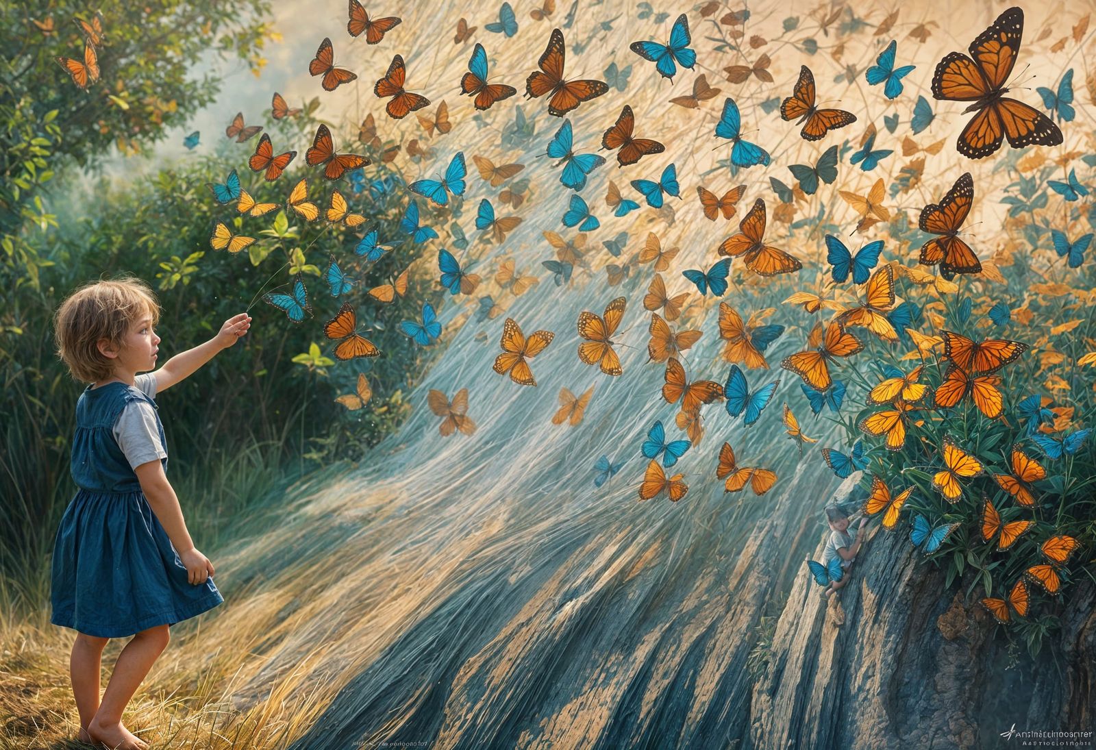 Child Drifting Among Whirling Butterflies in a Dreamlike Sce...