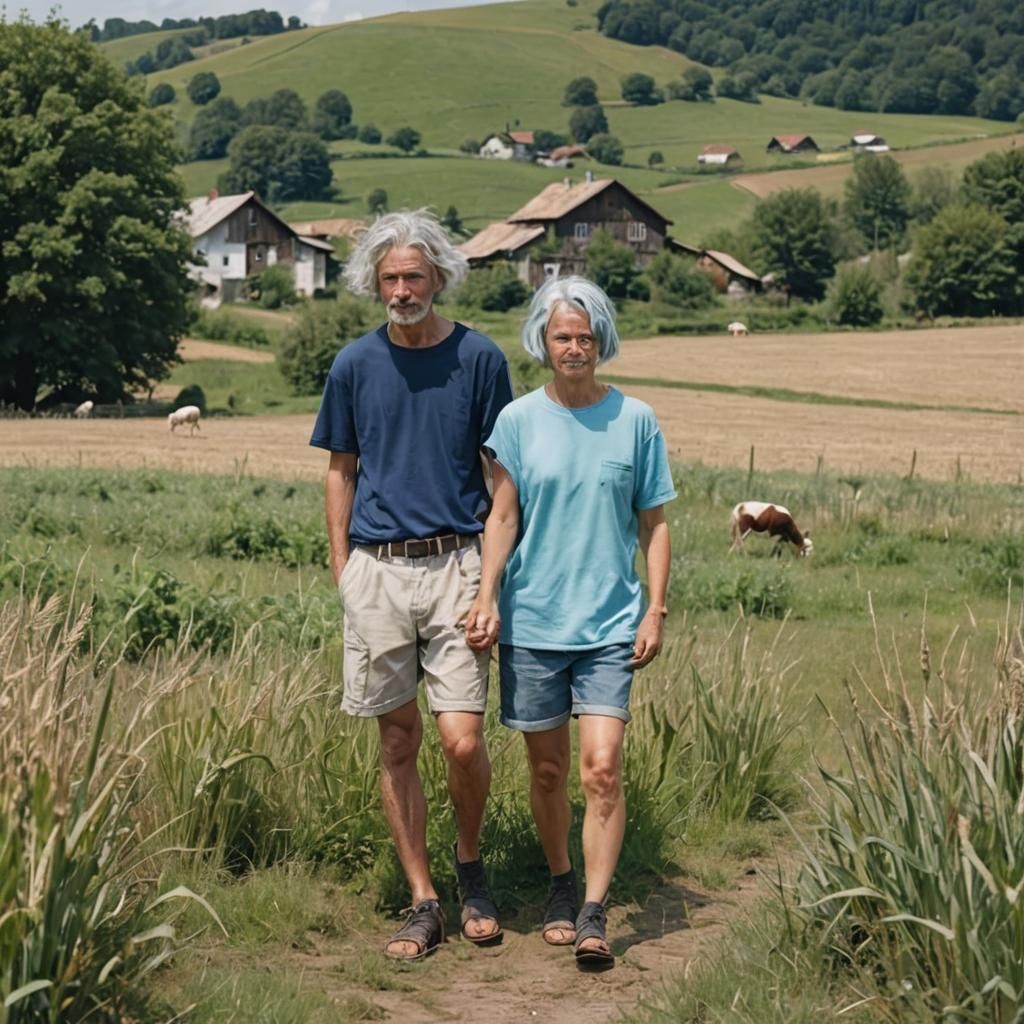 Whimsical Farm Scene with Laughing Figure in Naive Style