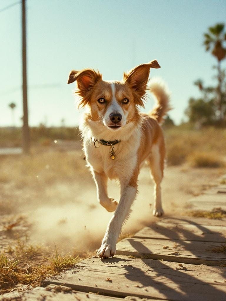 Dog in Golden Hour Light: 70s Film Photography Style