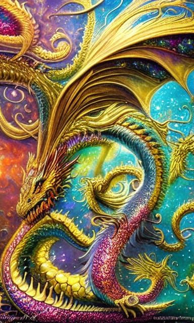 Glitter Gold Dragon Fractal Digital Oil Painting