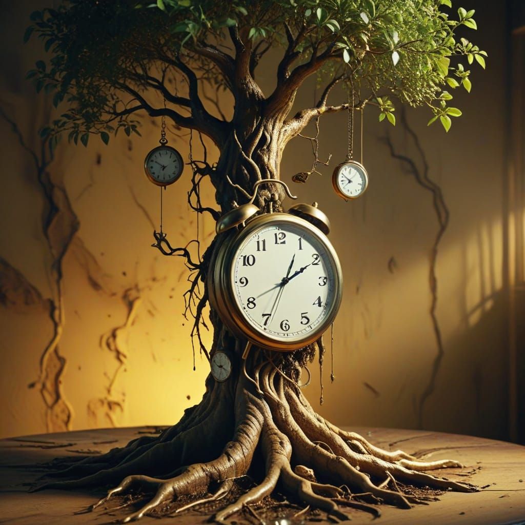 Surreal Clock and Tree Person in Dali Style