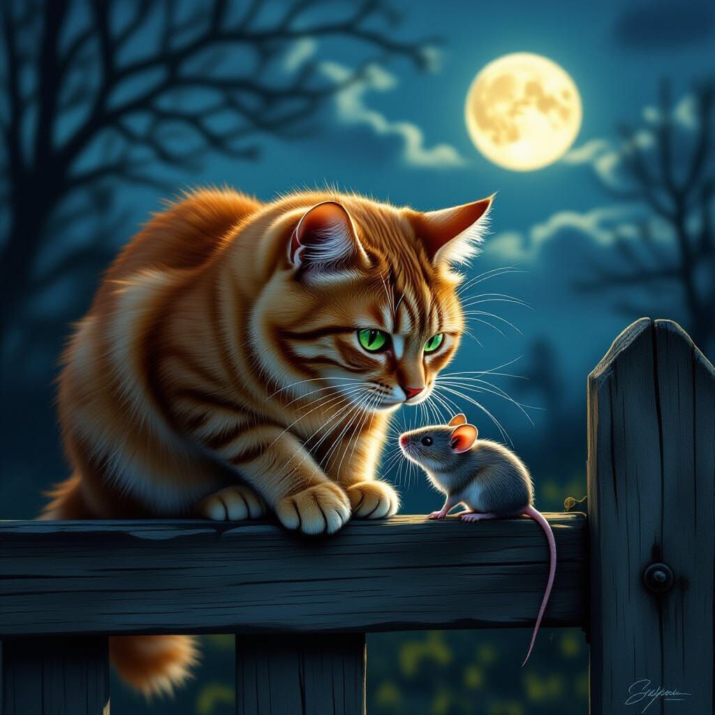Ginger Cat Hunts Mouse in Ethereal Moonlight
